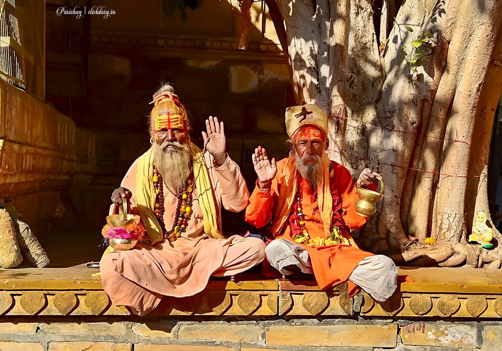 two monks sit under the old tree street photography