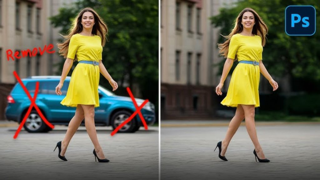a girl is walking and a car is standing behind her eliminates in next image