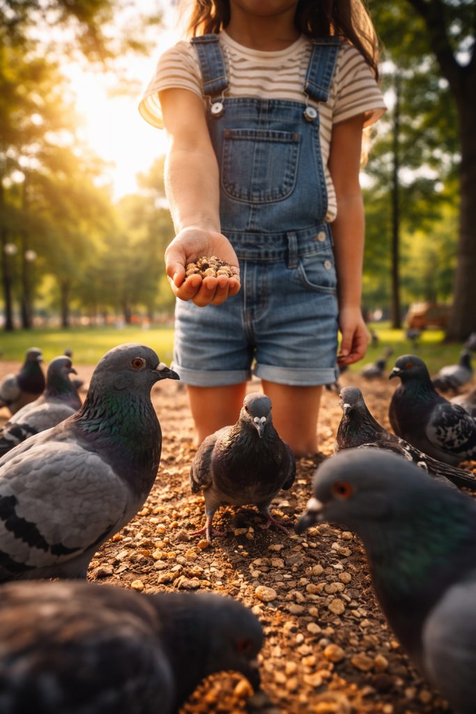 a child gives food to the pigeons looks like child pov photography