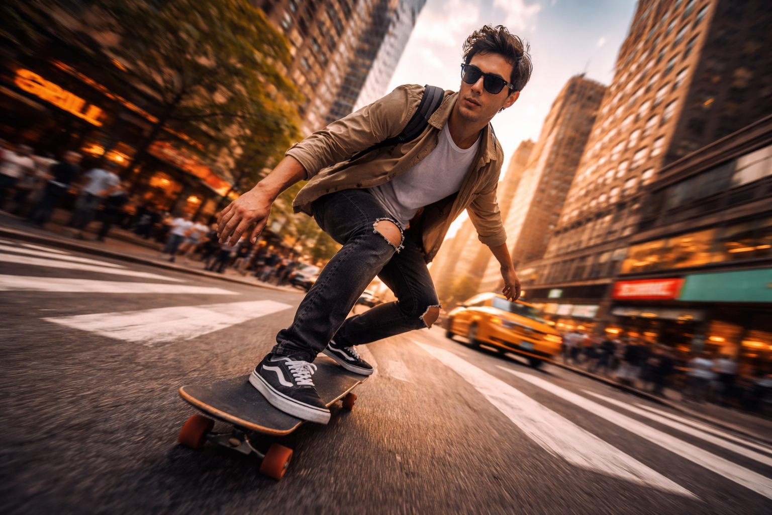 a man with a roller skating and image taken with dutch angle pov