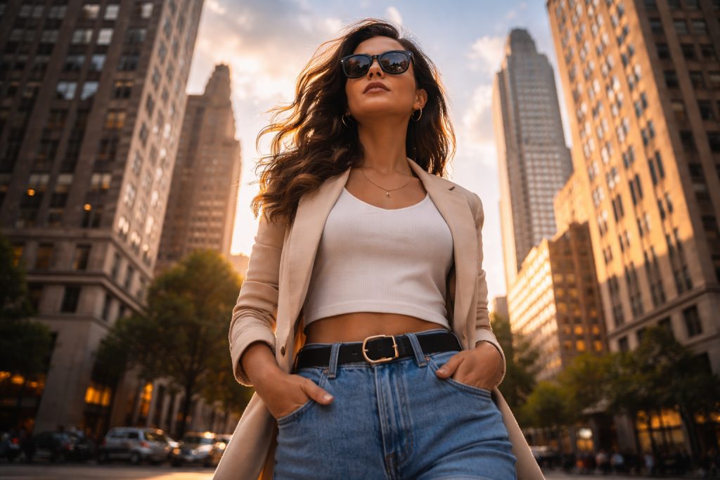 a model stands on the street with low angle shot