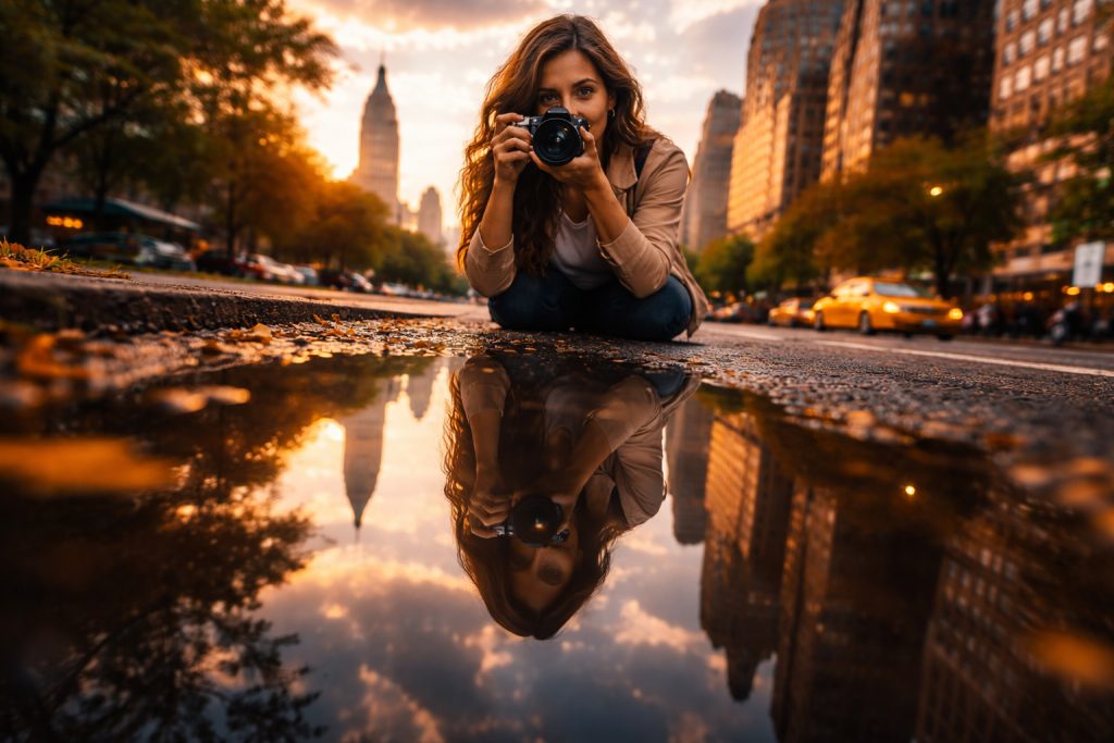 a woman is taking a photograph near water stuck on the road seeming reflection photography