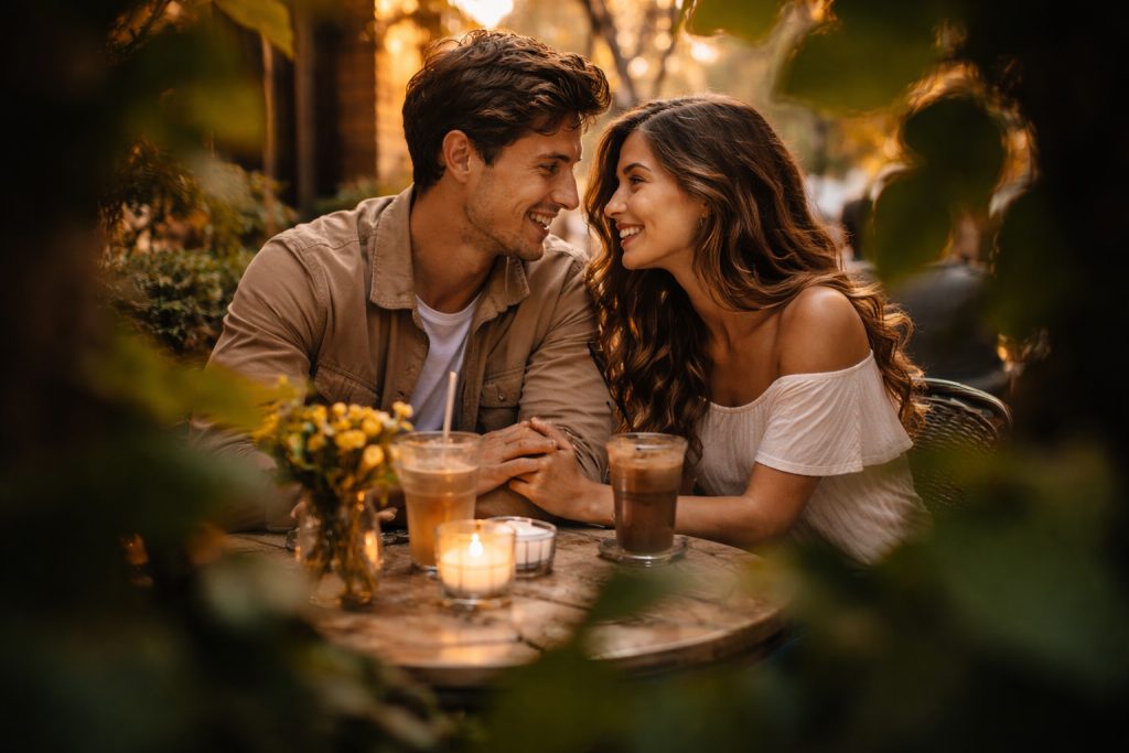 a couple is sitting in a romantic mood and picture taken from spy angle