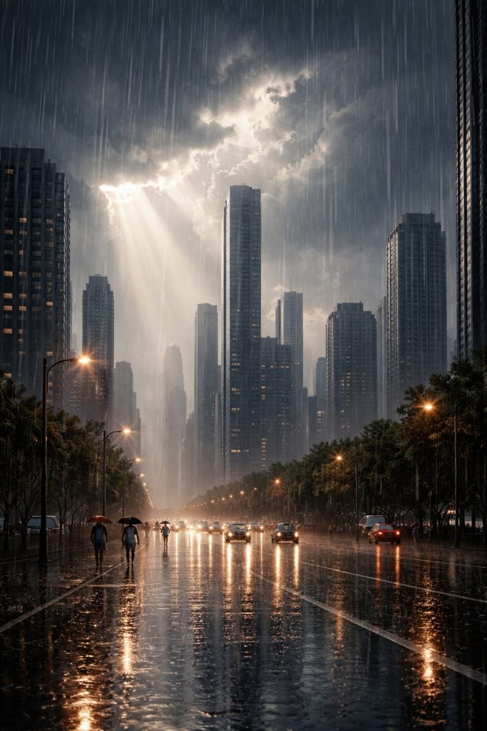 vertical line shows multistoried building and rain drops