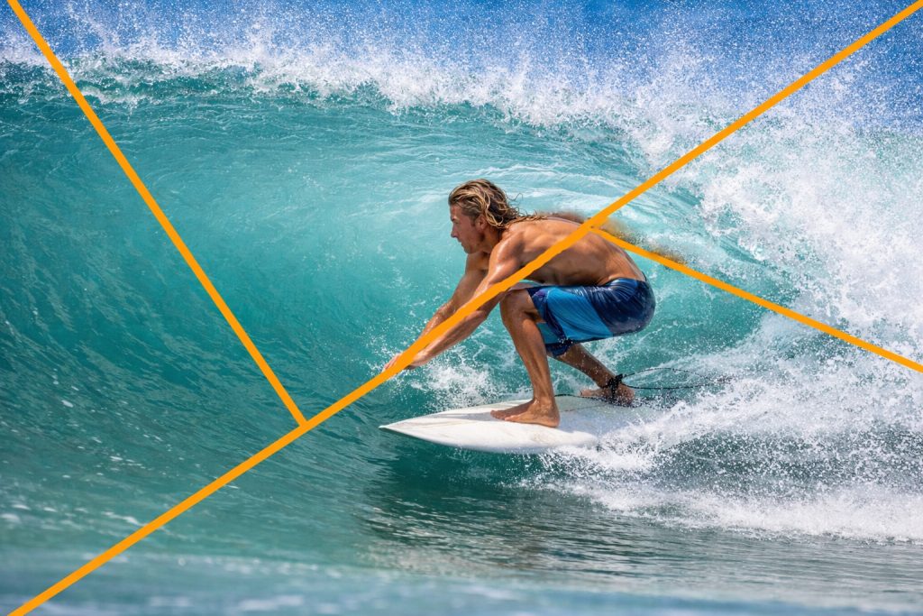 a man surfing in whirling wave composition of golden triangle
