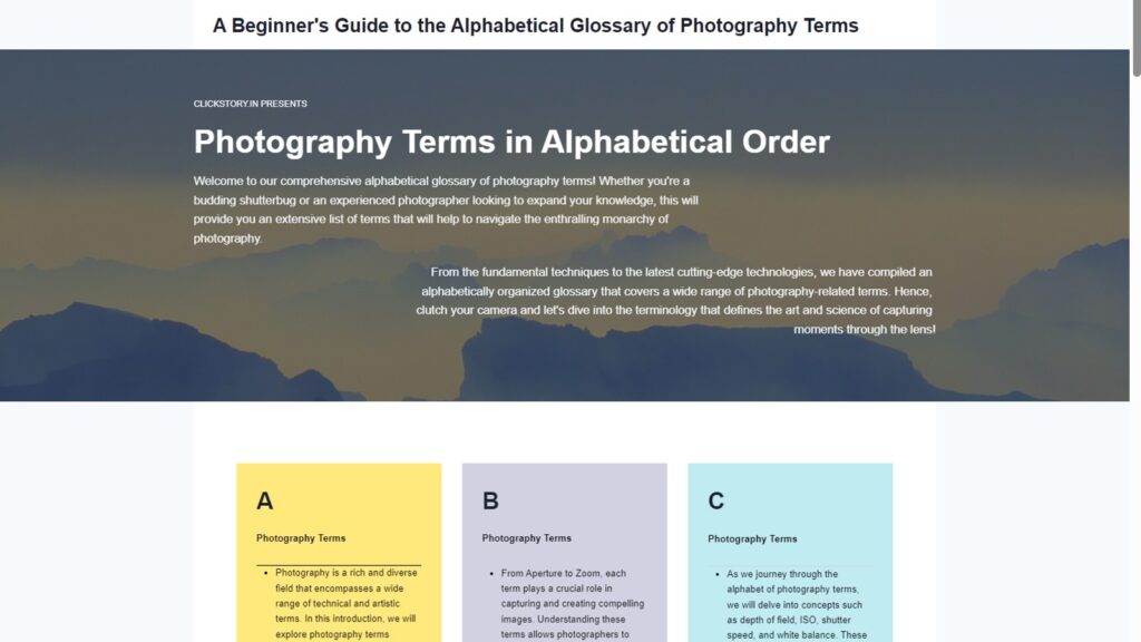 alphabetical photography terms