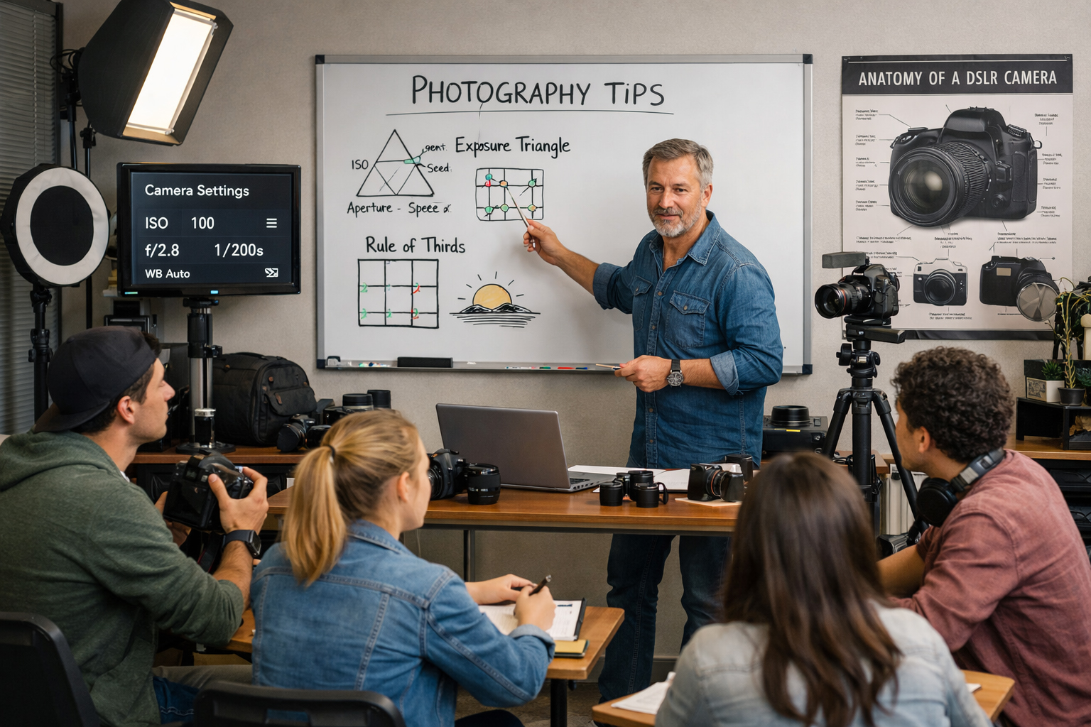 a photographer teaches photography to his students in a classroom names as photography tips