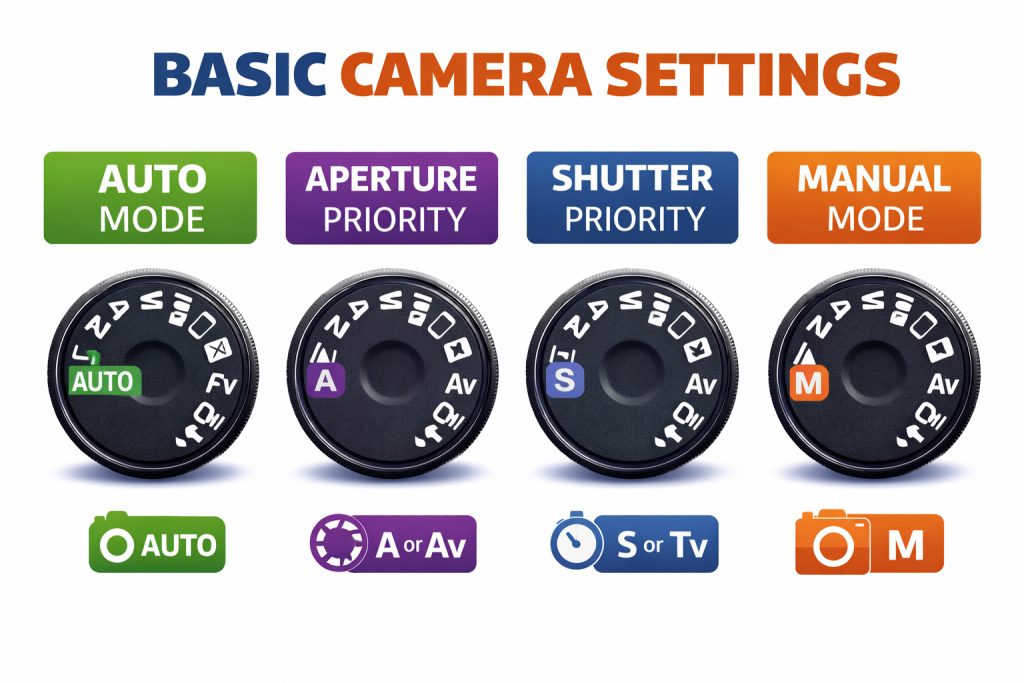 basic camera settings mode like av, tv, manual
