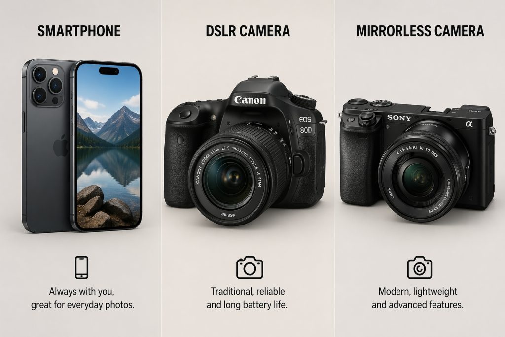 photography basics like mobile camera, dslr and mirrorless