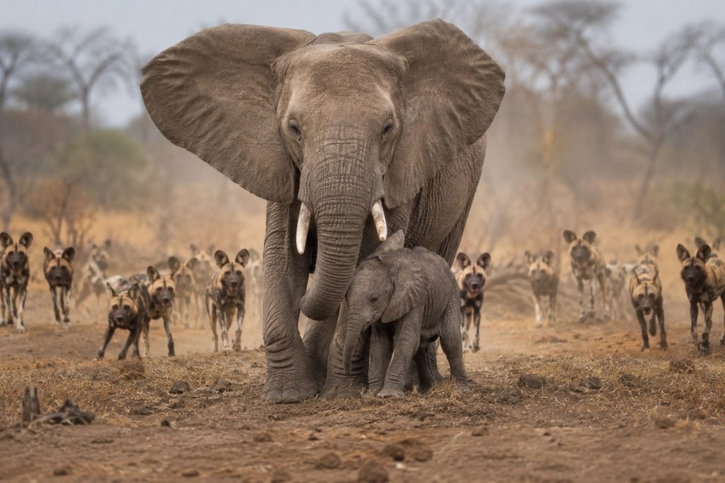 animal photoraphy-a mother elephant saves her baby from the enemies