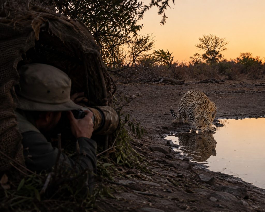 a leopard looks straight to camera when drinking water-wildlife photography