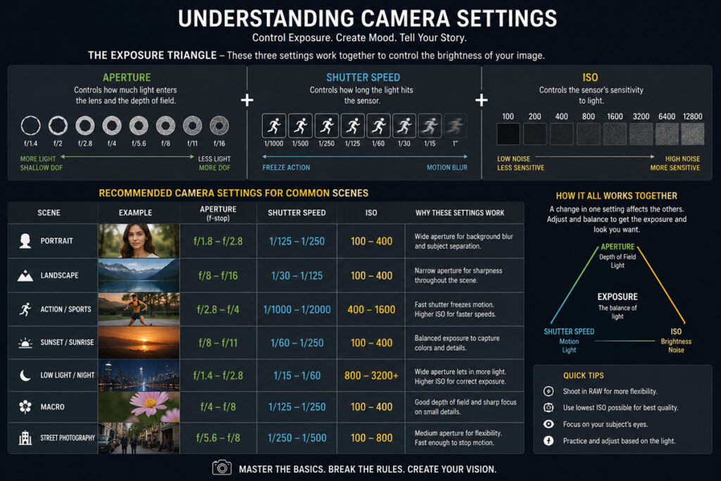 overall camera settings under various genres in photography