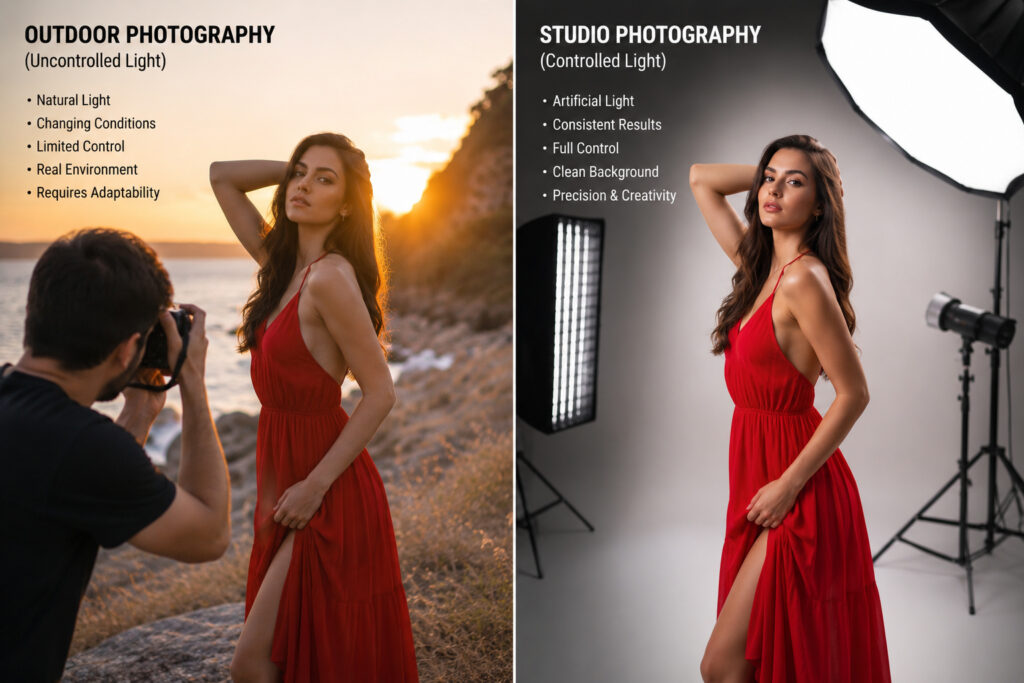 outdoor and studio controlled light photography