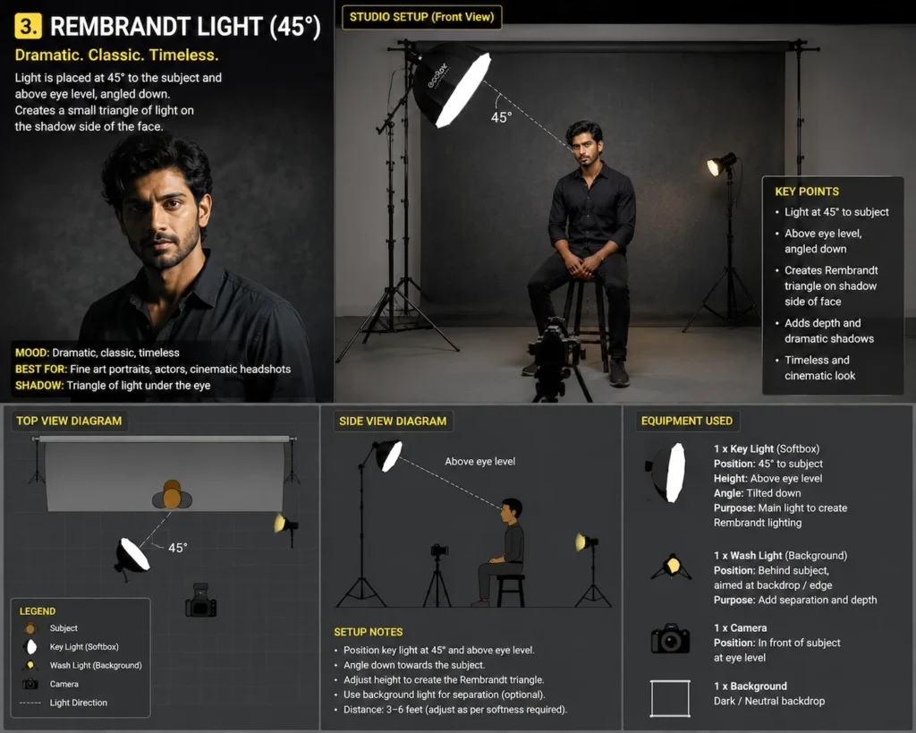 portrait lighting setups Rembrandt light