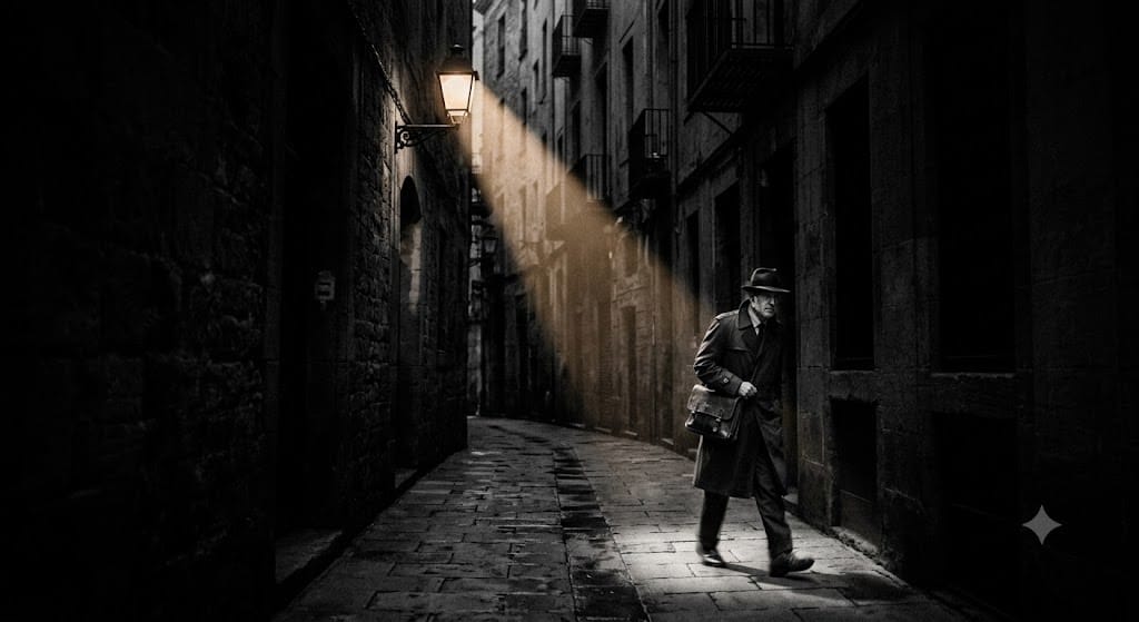 a man is walking on the street with hard shadow and narrow light in connection with visual voice photography