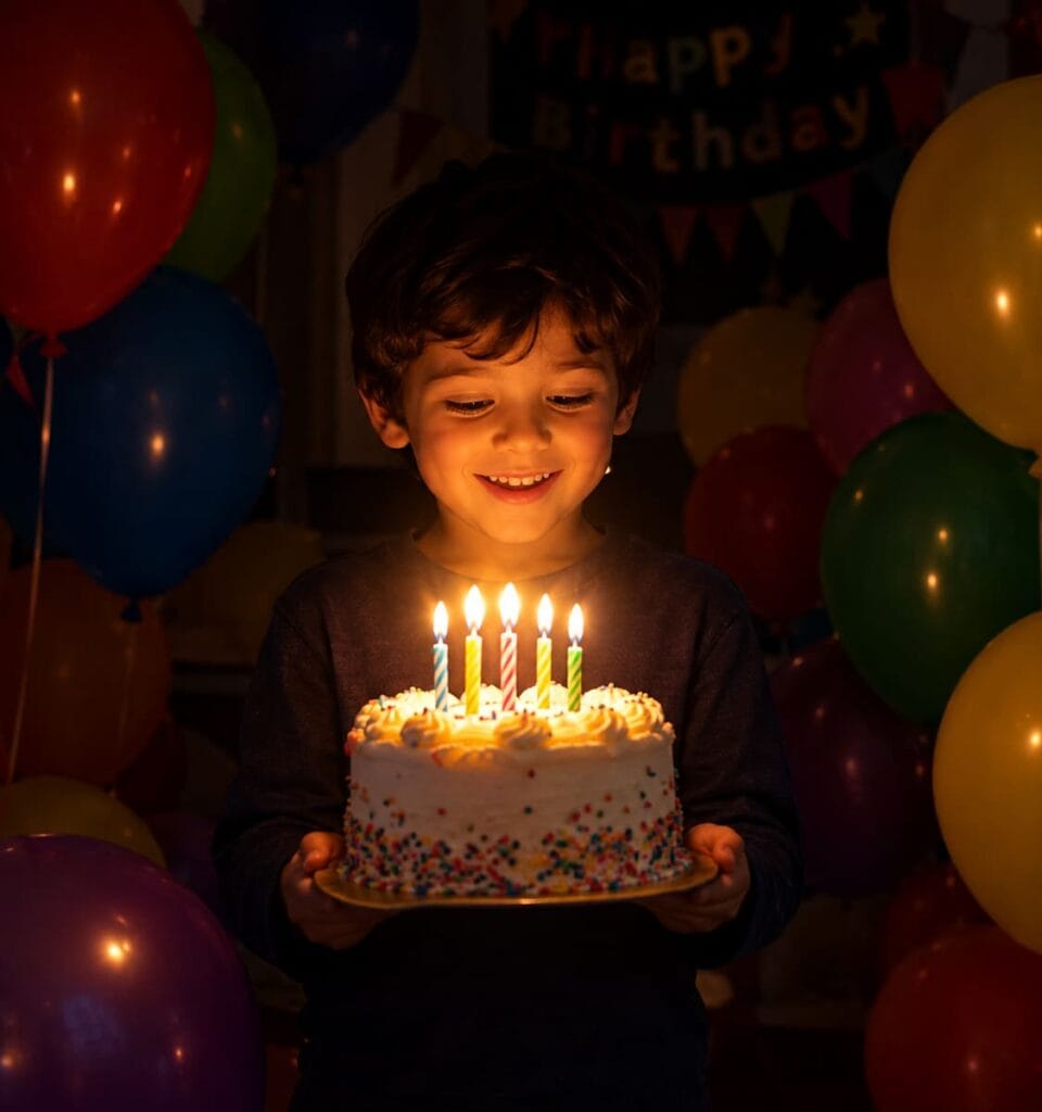a boy holding birthday cake part of essential elements of visual storytelling