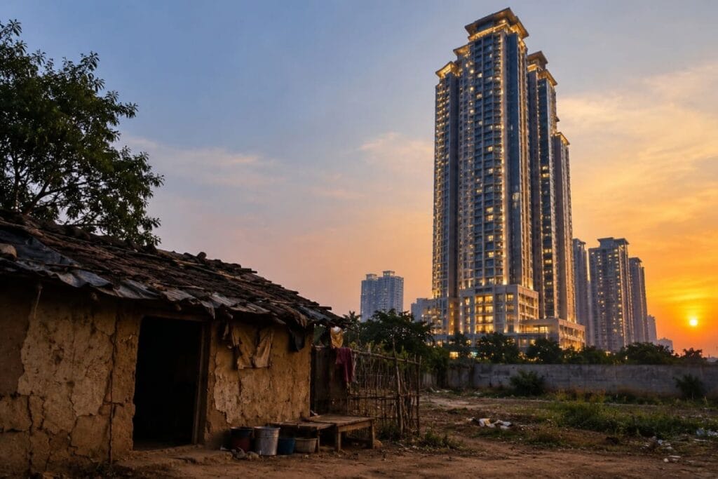 juxtaposition - a skyscraper near a hut camera storytelling