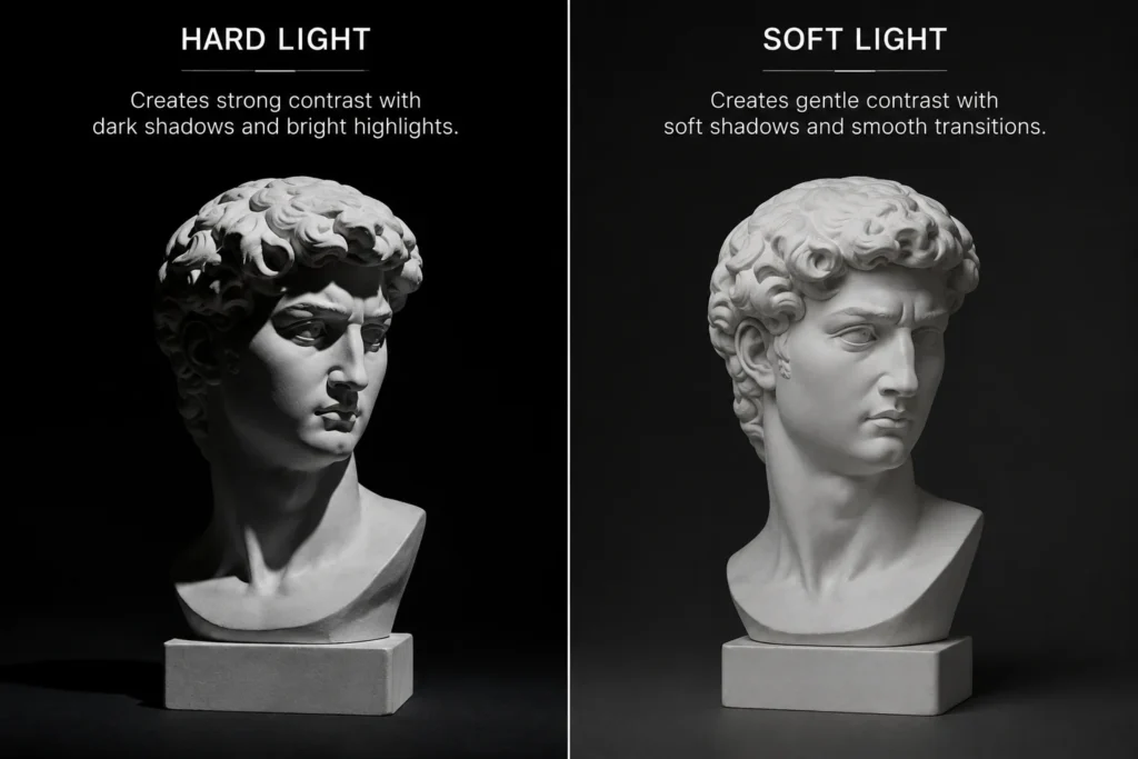hard and soft lighting effects on subject