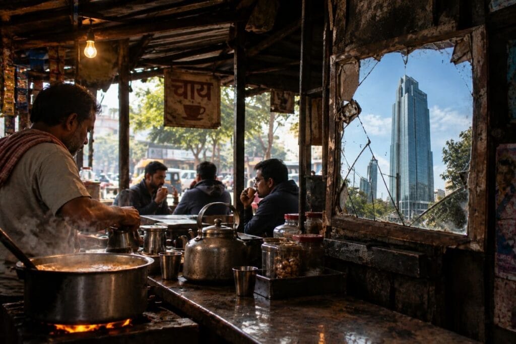 photographic metaphor-a skyscraper is showing in the broken mirror of a road side tea stall