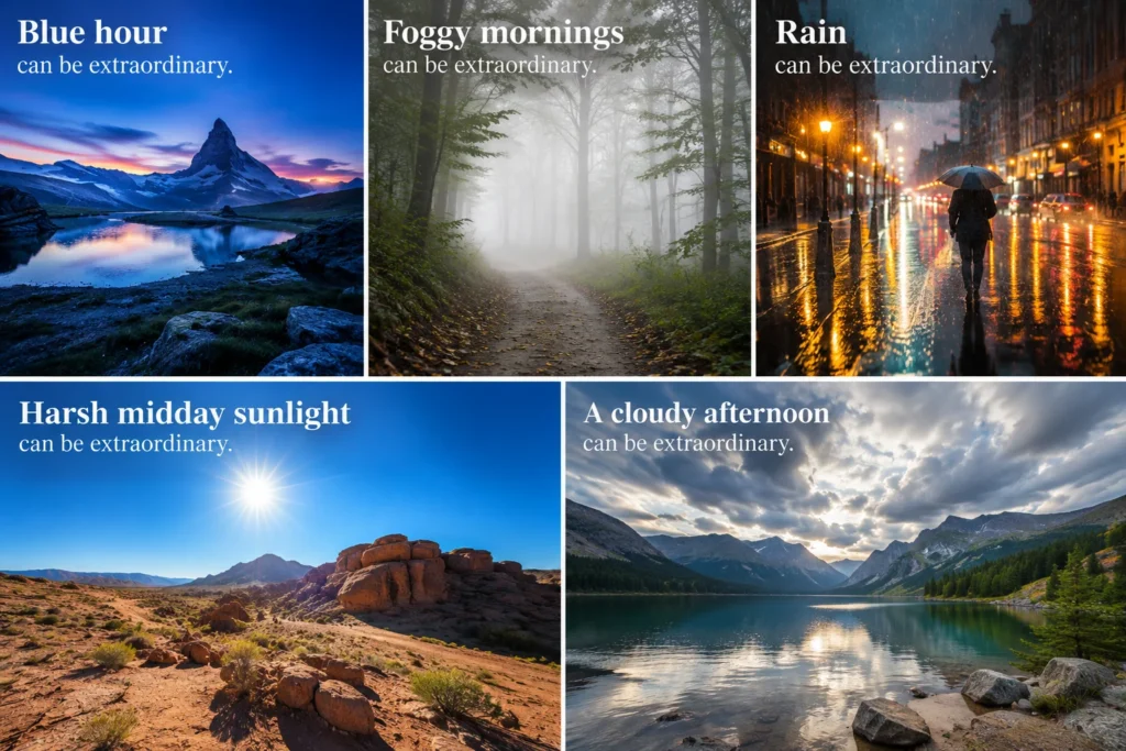 understanding light in photography in blue hour-foggy-harsh mid-day rain and cloudy