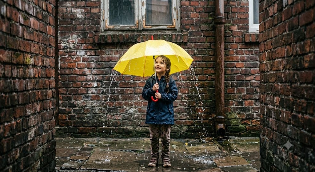 visual metaphor a child holds a colorful umbrella during heavy rain