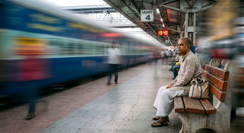 a man sitting in station and a train passing by visual metaphor in photogrpahy