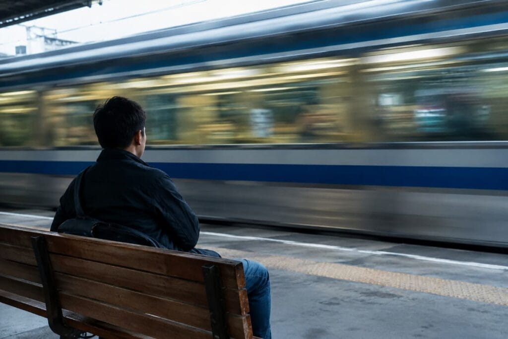 a man sits when a train is passing by-visual symbolism